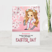 のために女の子ピンクと赤のローズガーデン名イースター カード (正面)