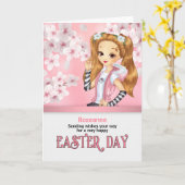 のために女の子ピンクと赤のローズガーデン名イースター カード (黄色い花)