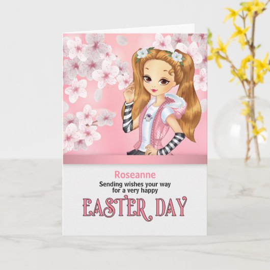 のために女の子ピンクと赤のローズガーデン名イースター カード (黄色い花)