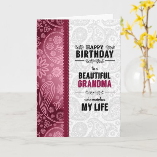 のための祖母の誕生日ピンクのハートとペイズリー カード (黄色い花)