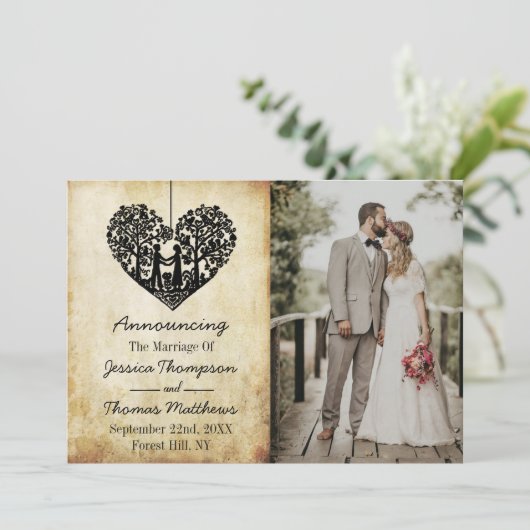 のつるハートツリーヴィンテージ結婚式の写真の結婚 案内状 (スタンド正面)