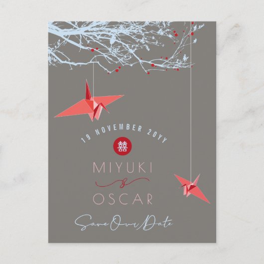 のつる折り紙レッド紙クレーン禅の日付を保存 案内ポストカード (正面)