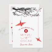 のつる折り紙レッド紙クレーン禅の日付を保存 案内ポストカード (正面/裏面)