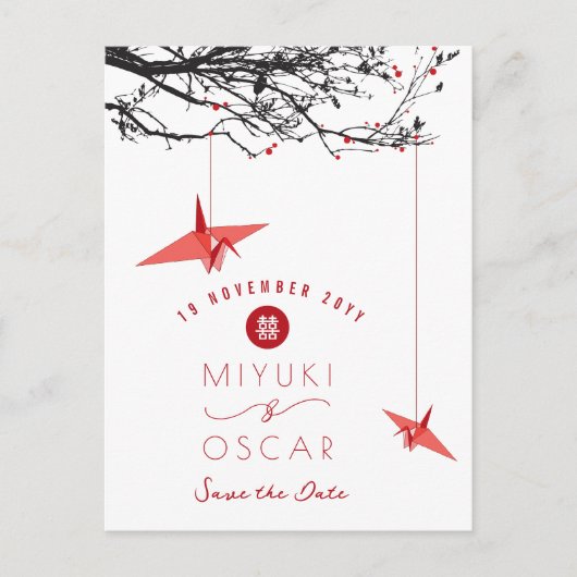 のつる折り紙レッド紙クレーン禅の日付を保存 案内ポストカード (正面)