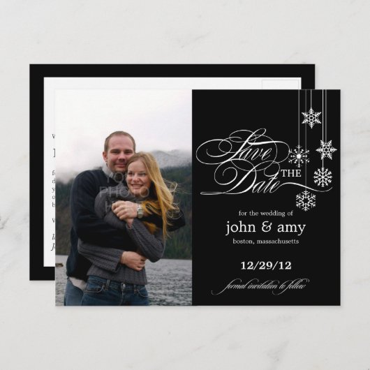 のつる雪片の写真が日付を保存(黒) 案内ポストカード (正面/裏面)