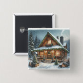 のどかな冬のクリスマス雪の小屋 缶バッジ (正面&裏面)