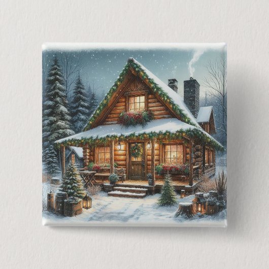 のどかな冬のクリスマス雪の小屋 缶バッジ (正面)