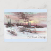 のどかな田舎の冬の風景とピンクサンセット ポストカード (正面)
