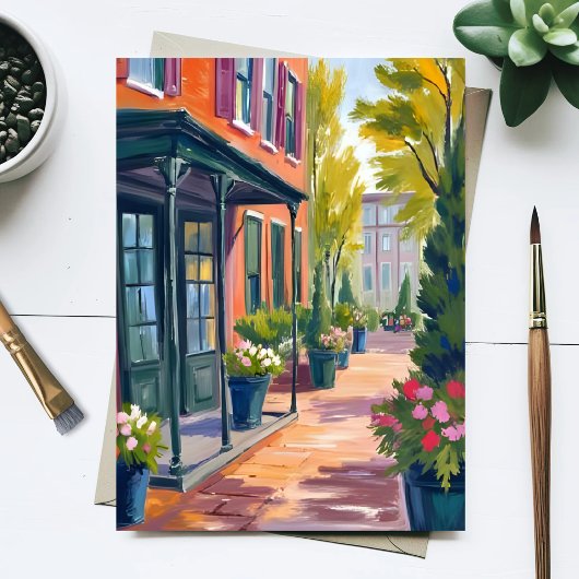 のどかな花屋通りが咲き誇る街 水彩画 ポストカード