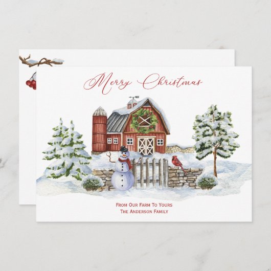 のどかな農村のクリスマスツリーと雪だるま シーズンカード (正面/裏面)