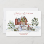 のどかな農村のクリスマスツリーと雪だるま シーズンカード (正面)