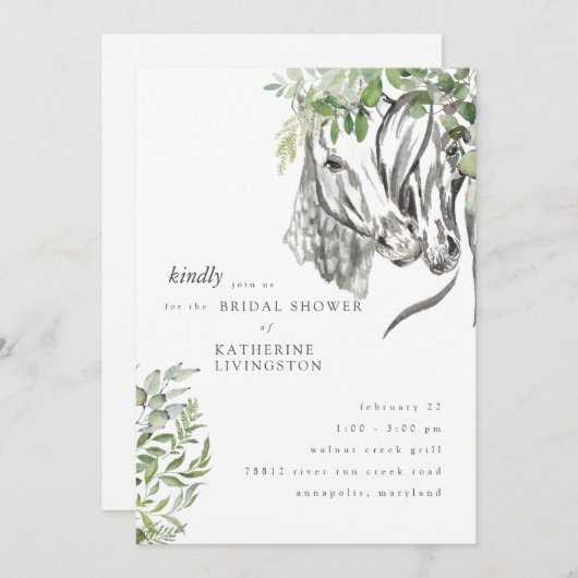 のどかな馬たちが鼻を寄せ合うニュートラルな結婚前お茶会 招待状 (正面/裏面)