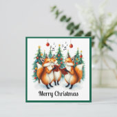 のどかな かわいい いい キツネ 冬の松の木 クリスマスソング シーズンカード (スタンド正面)