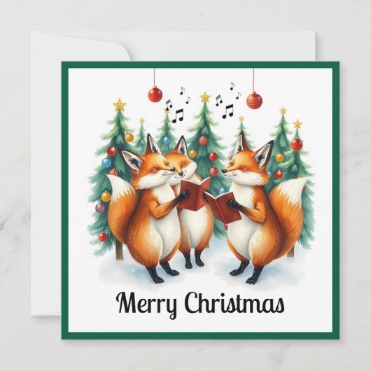 のどかな かわいい いい キツネ 冬の松の木 クリスマスソング シーズンカード (正面)