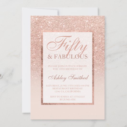 のどのすばらしいばら色の金ゴールドのグリッターのエレガントな上品50 招待状 (正面)