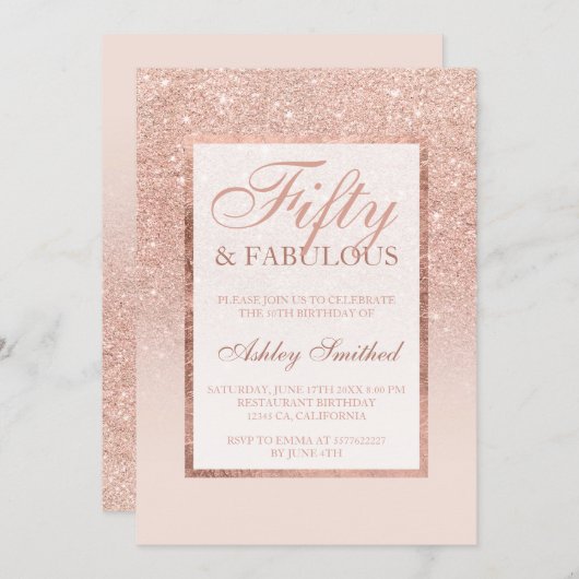 のどのすばらしいばら色の金ゴールドのグリッターのエレガントな上品50 招待状 (正面/裏面)