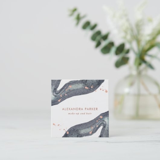 のどのばら色の金ゴールドおよび水彩画の灰色のGeode |の正方形 スクエア名刺 (スタンド正面)