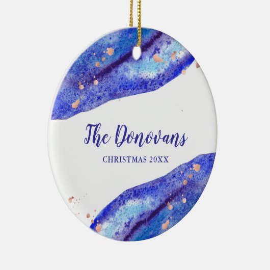 のどのばら色の金ゴールドおよび水彩画の青いGeode |の写真 セラミックオーナメント (右)