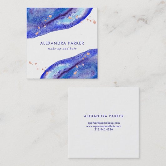 のどのばら色の金ゴールドおよび水彩画の青いGeode |の正方形 スクエア名刺 (正面/裏面)