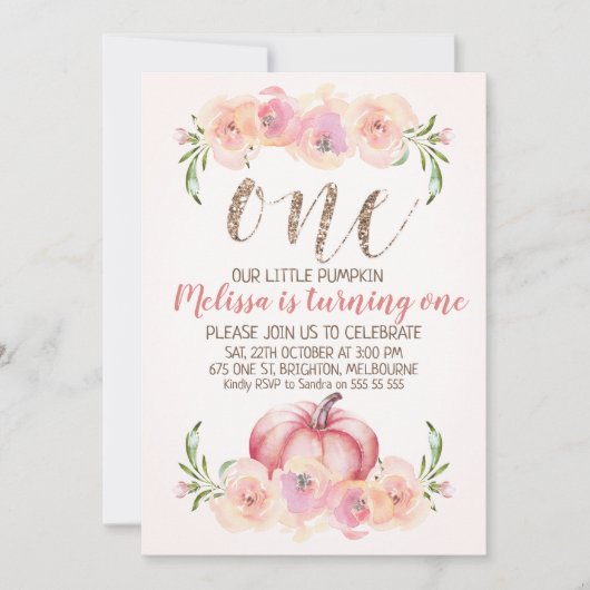 のどのばら色の金ゴールドのカボチャ第1誕生日の招待状 招待状 (正面)