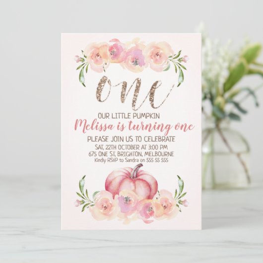 のどのばら色の金ゴールドのカボチャ第1誕生日の招待状 招待状 (スタンド正面)