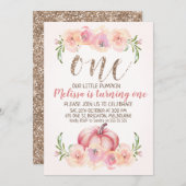 のどのばら色の金ゴールドのカボチャ第1誕生日の招待状 招待状 (正面/裏面)