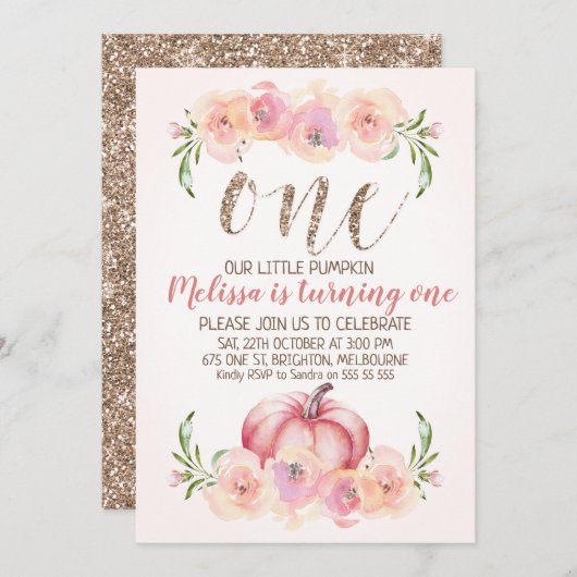 のどのばら色の金ゴールドのカボチャ第1誕生日の招待状 招待状 (正面/裏面)