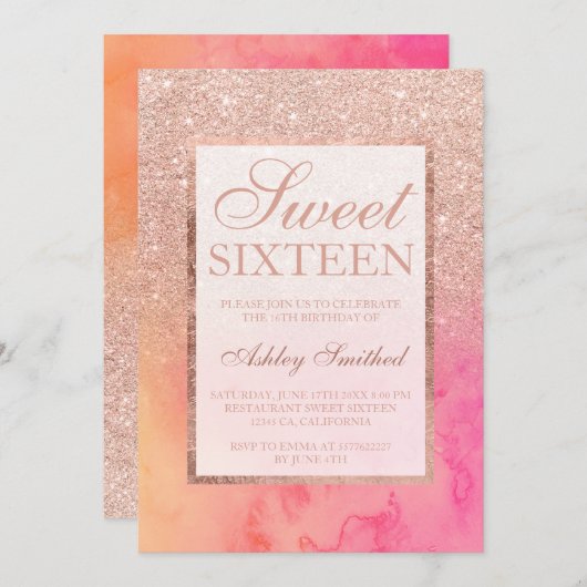 のどのばら色の金ゴールドのグラデーションなピンクの水彩画の菓子16 招待状 (正面/裏面)