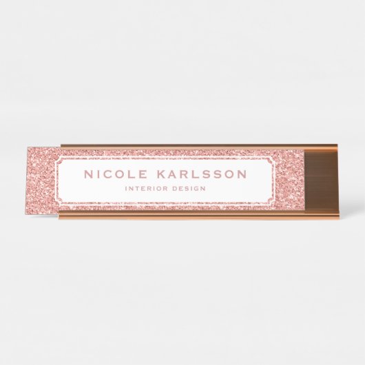 のどのばら色の金ゴールドのグリッターのルクスのパーソナライズな名札 デスクネームプレート (正面)