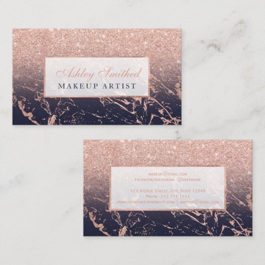 のどのばら色の金ゴールドのグリッターの濃紺の大理石の化粧 名刺 (正面/裏面)