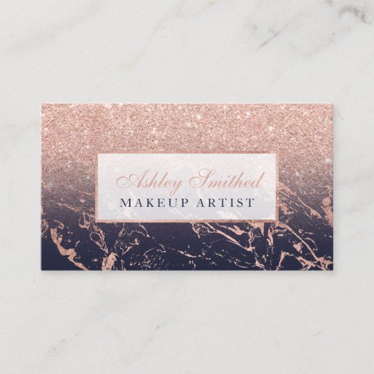 のどのばら色の金ゴールドのグリッターの濃紺の大理石の化粧 名刺 (正面)