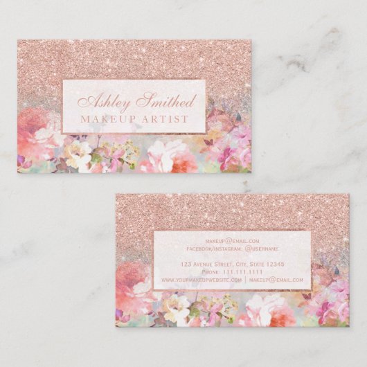 のどのばら色の金ゴールドのグリッターの花の水彩画の化粧 名刺 (正面/裏面)