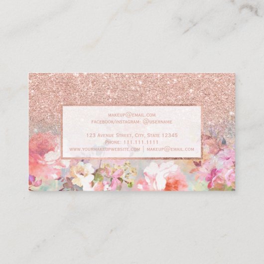のどのばら色の金ゴールドのグリッターの花の水彩画の化粧 名刺 (裏面)