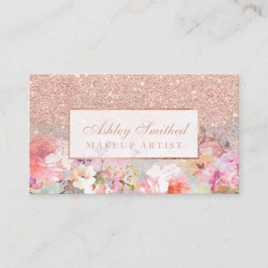 のどのばら色の金ゴールドのグリッターの花の水彩画の化粧 名刺 (正面)