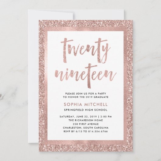 のどのばら色の金ゴールドのグリッター|の卒業パーティーの写真 招待状 (正面)