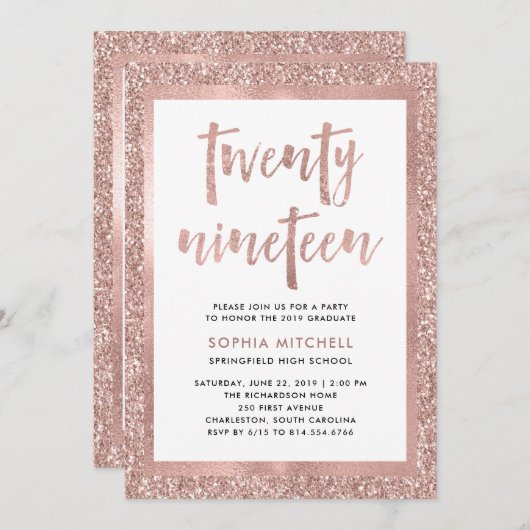 のどのばら色の金ゴールドのグリッター|の卒業パーティーの写真 招待状 (正面/裏面)