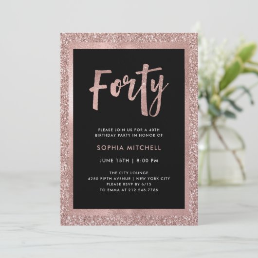 のどのばら色の金ゴールドのグリッター|の第40誕生会 招待状 (スタンド正面)
