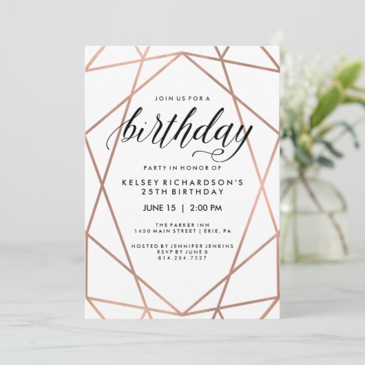のどのばら色の金ゴールドの幾何学的な行|の誕生会 招待状 (スタンド正面)