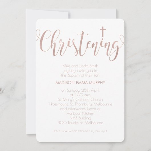 のどのばら色の金ゴールドの書道の《キリスト教》洗礼式や命名式の招待状 招待状 (正面)