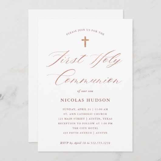 のどのばら色の金ゴールドの書道|の最初に聖餐式 招待状 (正面/裏面)