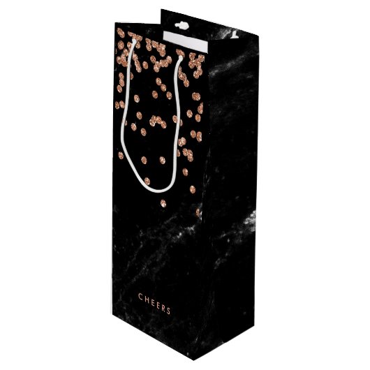 のどのばら色の金ゴールドの紙吹雪が付いているフェイクで黒い大理石 ワインギフトバッグ (正面アングル)