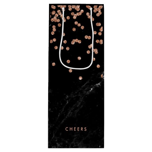 のどのばら色の金ゴールドの紙吹雪が付いているフェイクで黒い大理石 ワインギフトバッグ (正面)