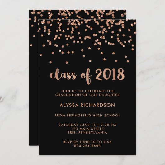 のどのばら色の金ゴールドの紙吹雪の卒業パーティー|の黒 招待状 (正面/裏面)