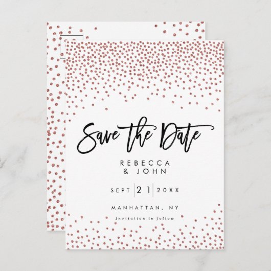 のどのばら色の金ゴールドの紙吹雪の結婚式の保存日付カード 案内ポストカード (正面/裏面)