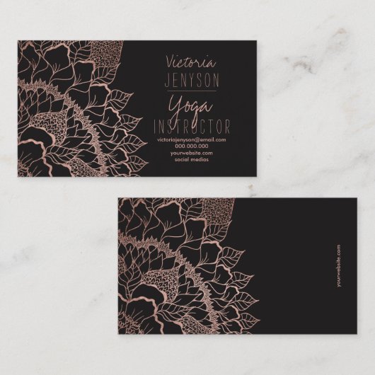 のどのばら色の金ゴールドの花の曼荼羅のヨガのインストラクター 名刺 (正面/裏面)