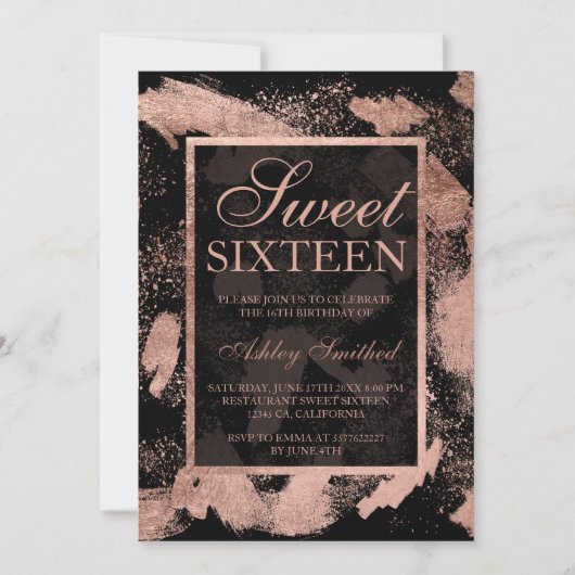 のどのばら色の金ゴールドブラシストロークはシックな菓子16をはね飛ばします 招待状 (正面)