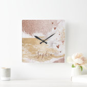 のどのばら色の金ゴールドホイルのグリッターのブラシはトレンディーをなでます スクエア壁時計 (ホーム)