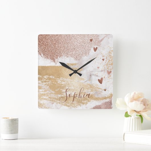 のどのばら色の金ゴールドホイルのグリッターのブラシはトレンディーをなでます スクエア壁時計 (ホーム)