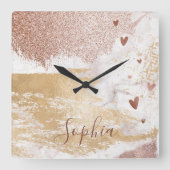 のどのばら色の金ゴールドホイルのグリッターのブラシはトレンディーをなでます スクエア壁時計 (正面)