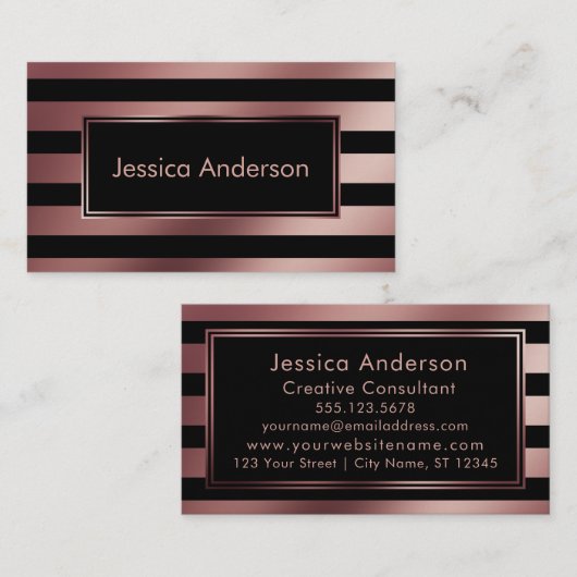のどのばら色の金ゴールドホイルの金属ストライプおよび黒い 名刺 (正面/裏面)